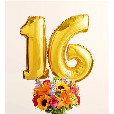 Floral Embrace™ With Number 16 Balloons